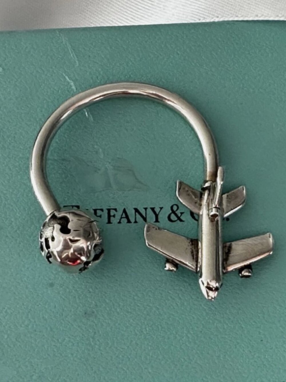 Tiffany & Co Sterling Silver Plane Globe Airplane Keychain Key Ring